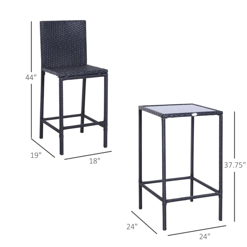 3pc Patio Rattan Bistro Set - Black