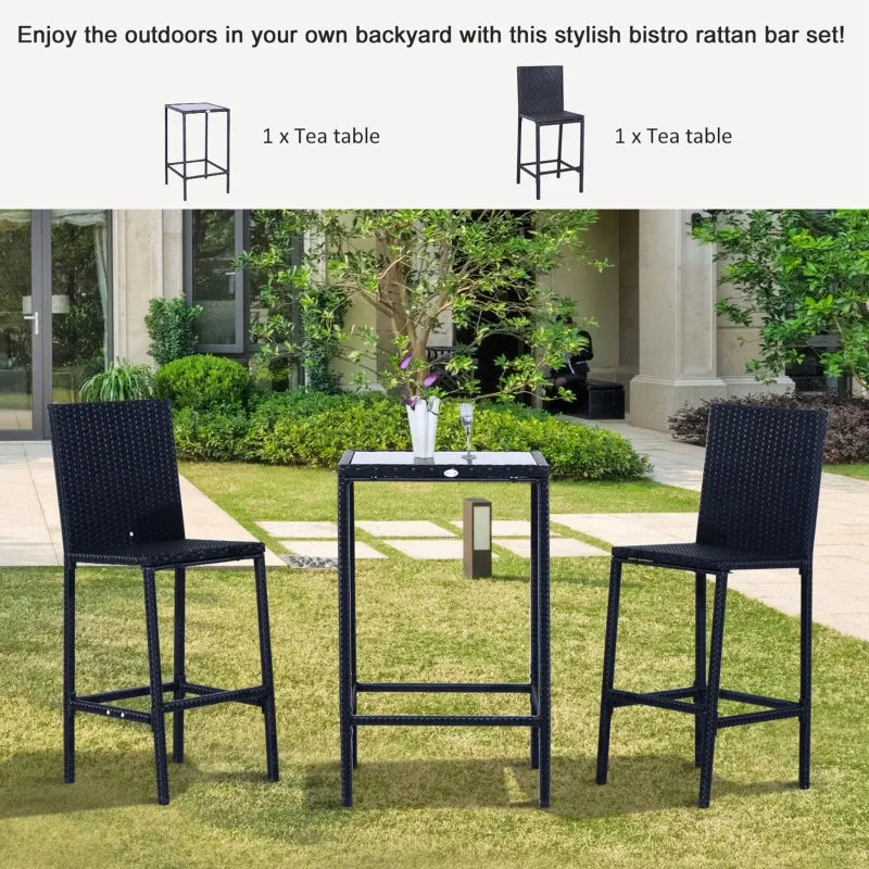 3pc Patio Rattan Bistro Set - Black