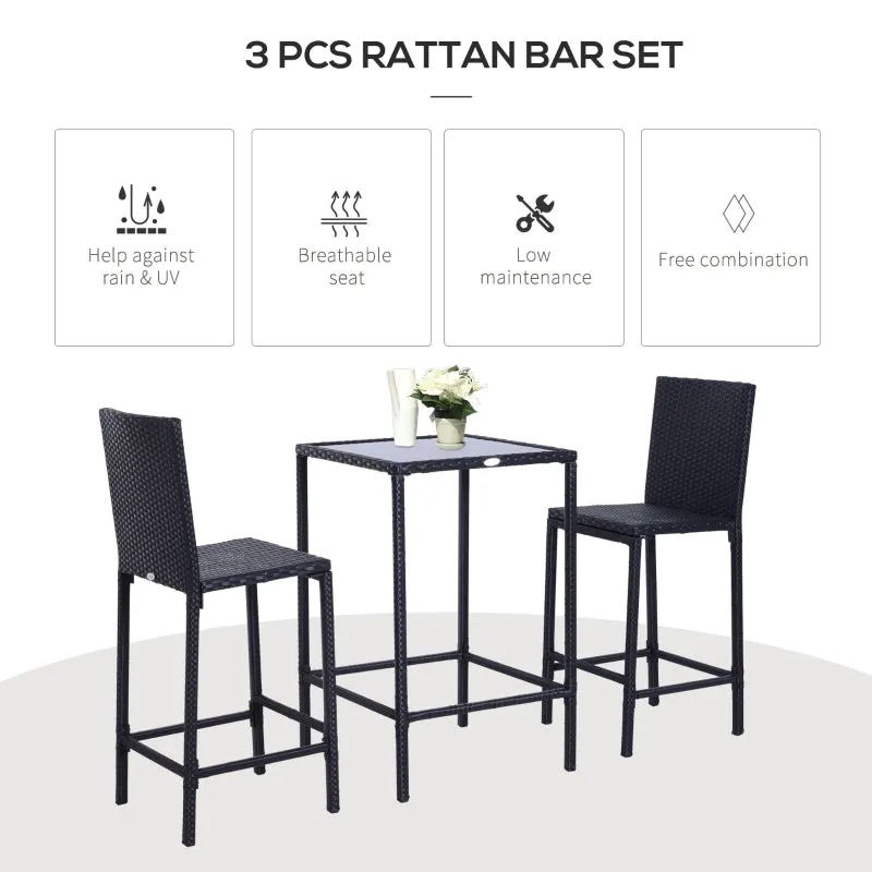 3pc Patio Rattan Bistro Set - Black