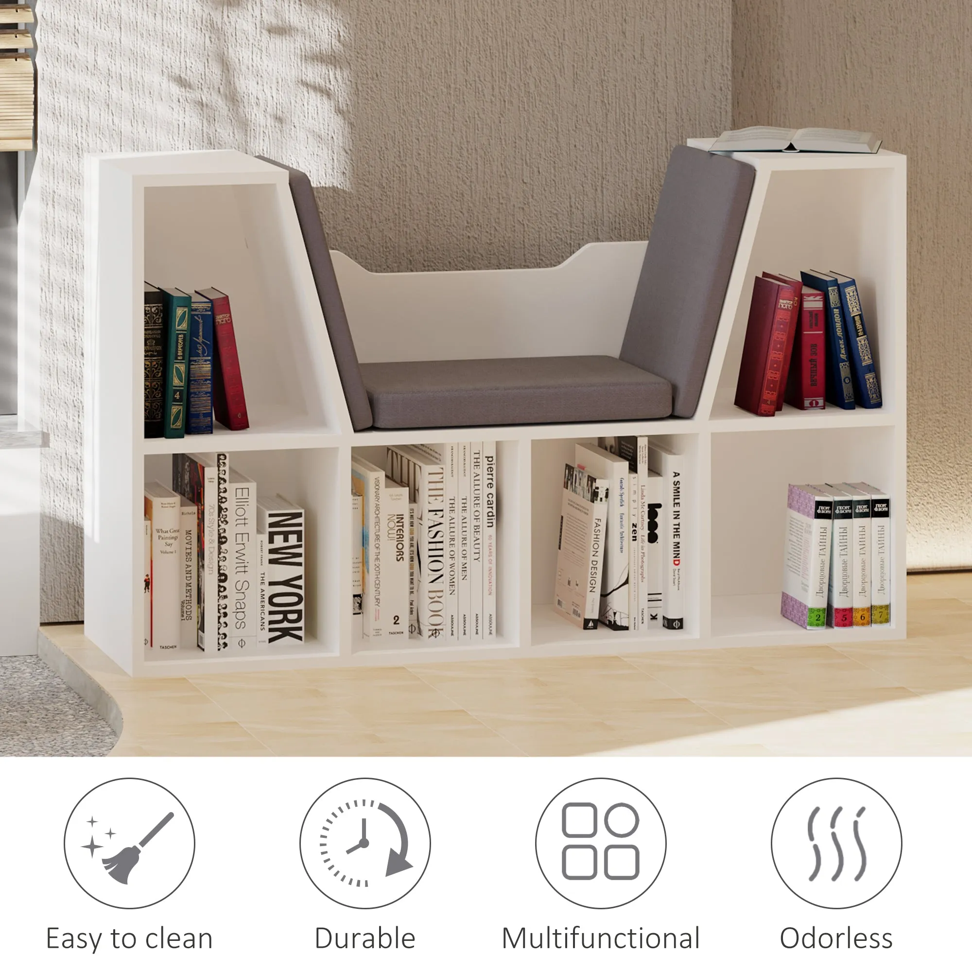 Bookcase Shelf Storage Seat with Cushion Sideboard Kids Children Reading Bedroom Living Room Organizer White