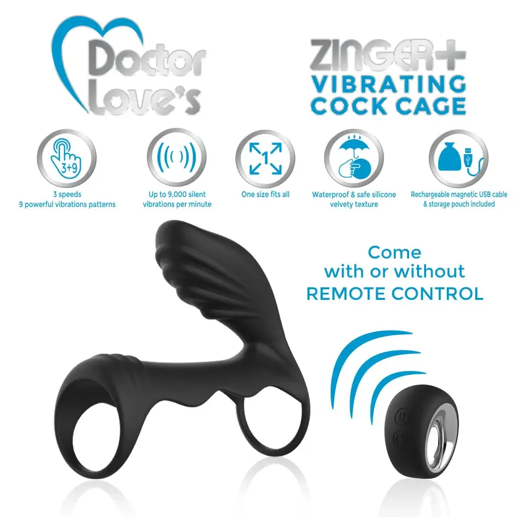 Doctor Love Zinger  Vibrating Rechargeable Cock Cage W/ Remote Black