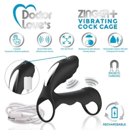 Doctor Love Zinger  Vibrating Rechargeable Cock Cage W/ Remote Black