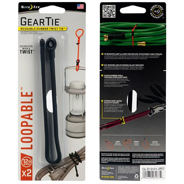 Gear Tie Loopable, Black - 12" (2 Pack)