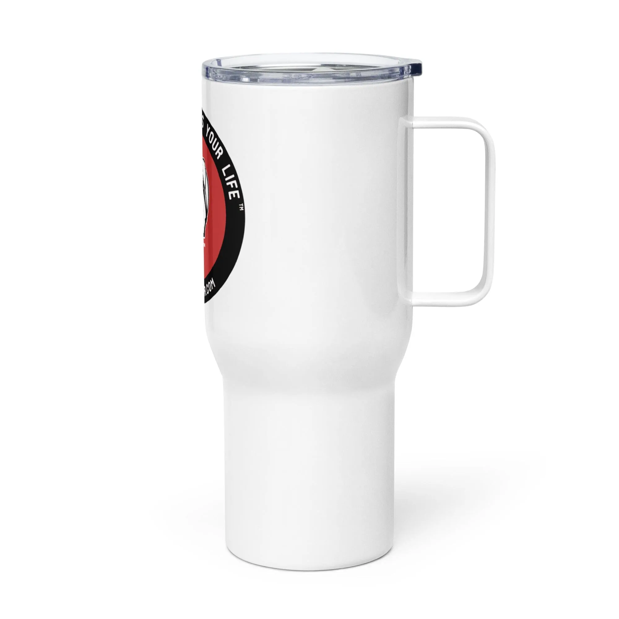 Mr. DP Tagline Travel mug with a handle