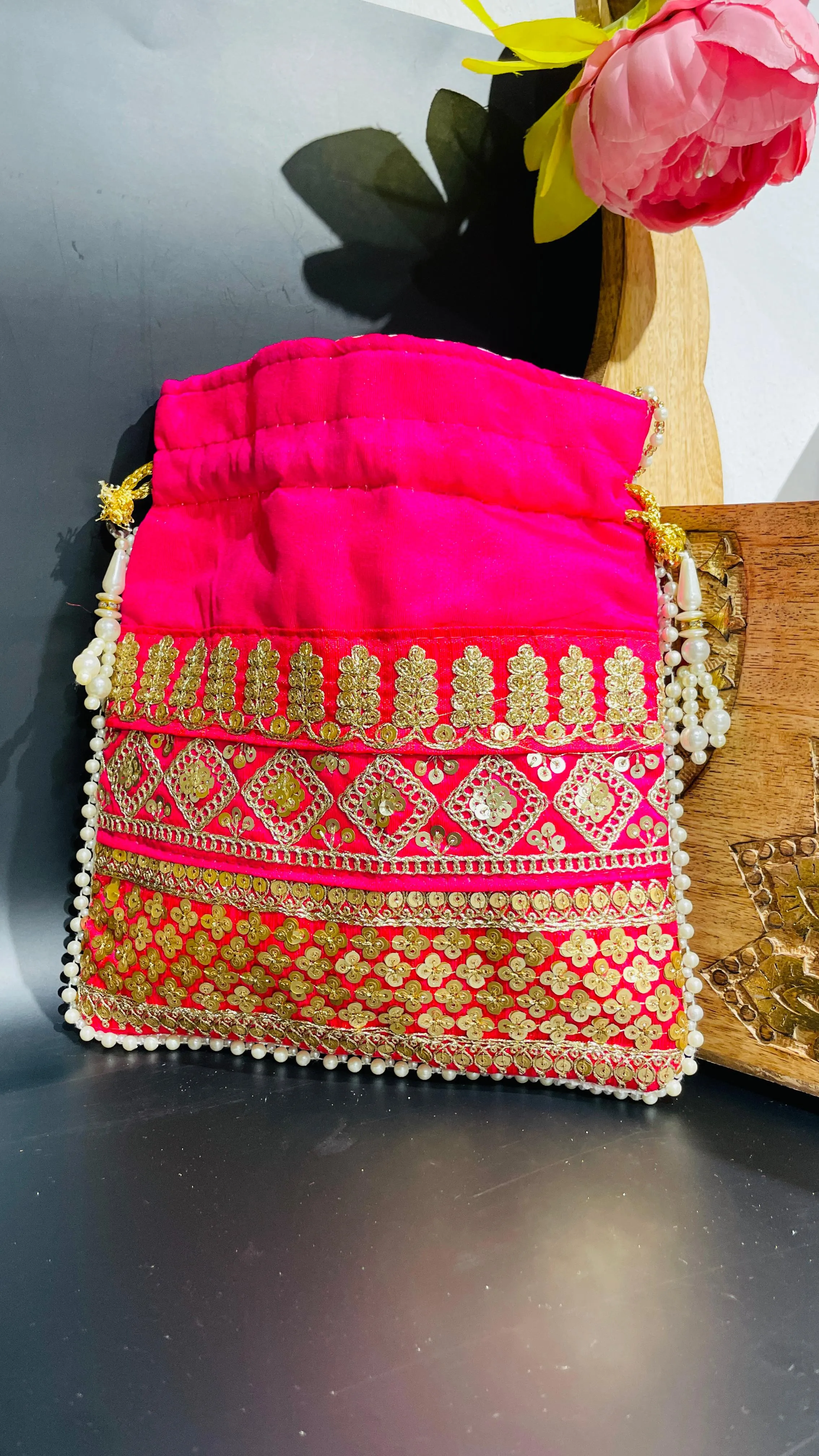 Pink Festive Rose Potli Drawstring Bag