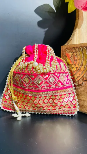 Pink Festive Rose Potli Drawstring Bag