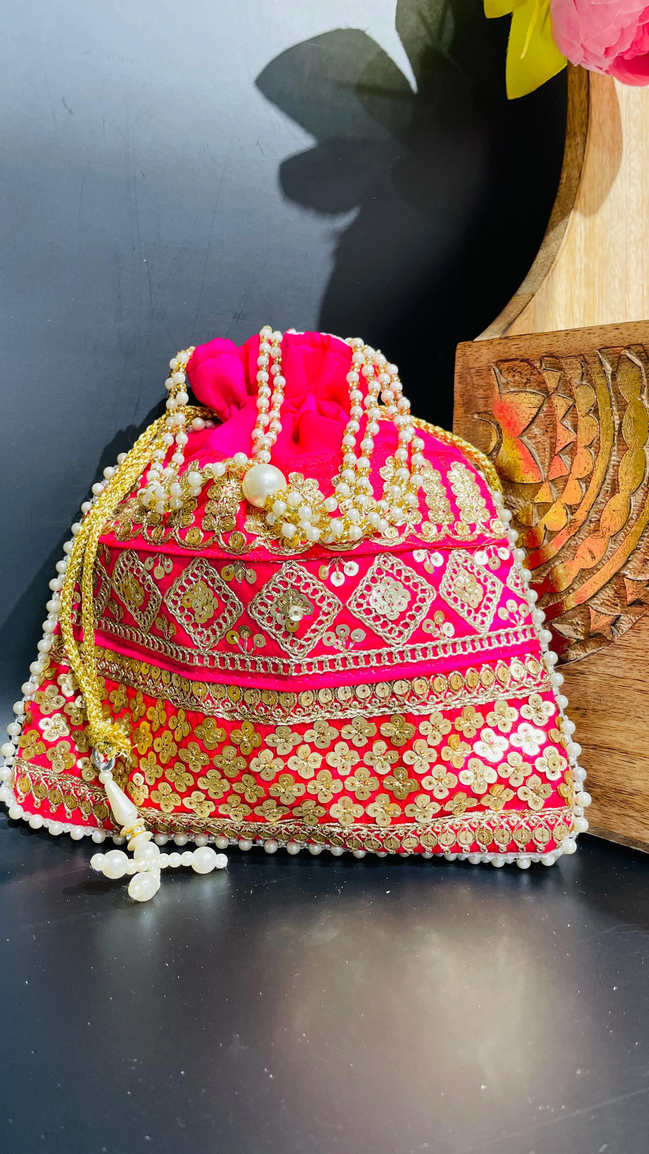 Pink Festive Rose Potli Drawstring Bag