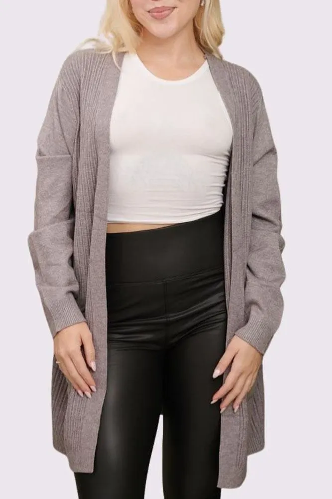 Plain Pocket Ribbed Open Front Soft Feel Cardigan