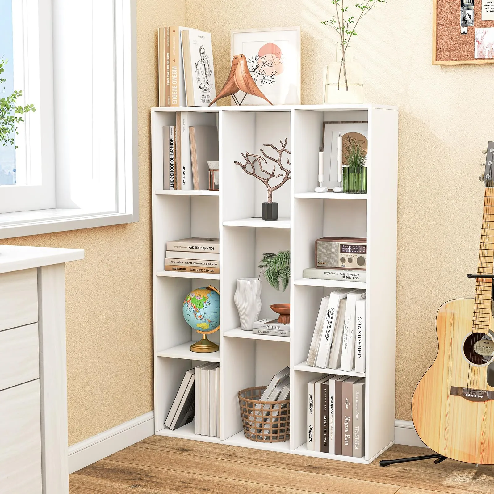 Tangkula 11-Cube Bookcase, Modern Freestanding White Geometric Bookshelf, Multifunctional Book Storage Organizer