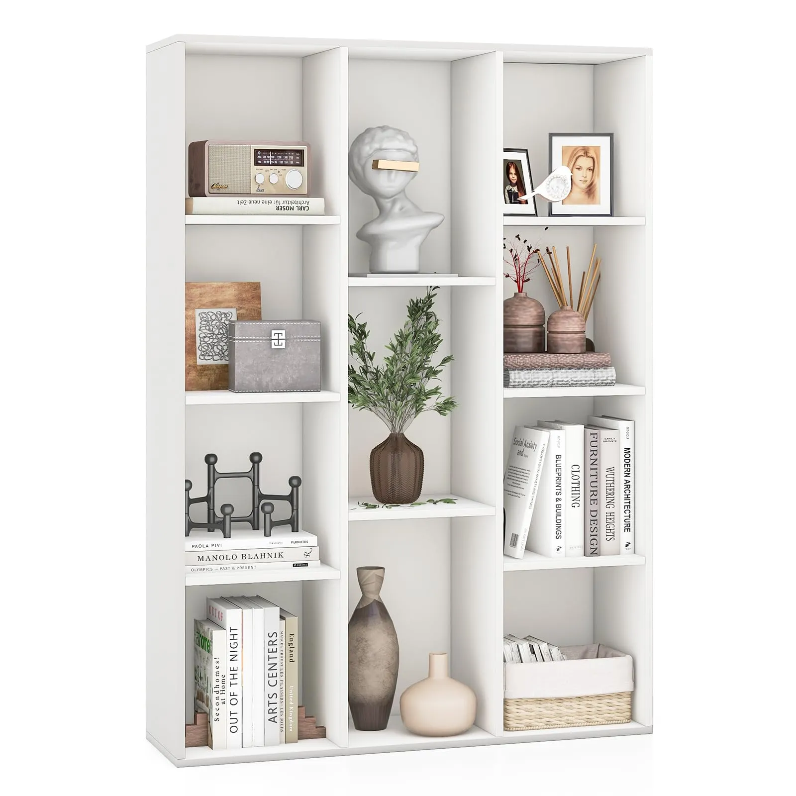 Tangkula 11-Cube Bookcase, Modern Freestanding White Geometric Bookshelf, Multifunctional Book Storage Organizer