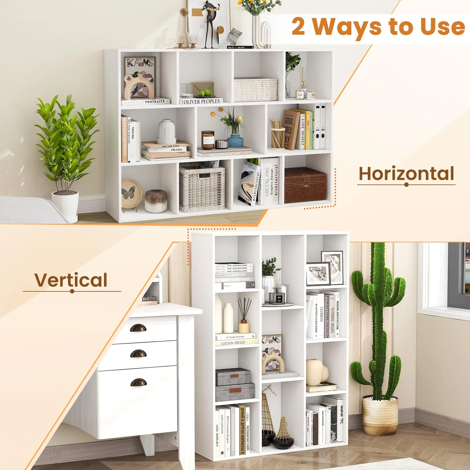 Tangkula 11-Cube Bookcase, Modern Freestanding White Geometric Bookshelf, Multifunctional Book Storage Organizer