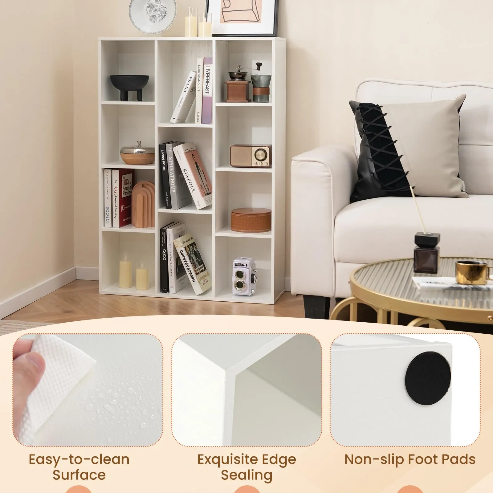 Tangkula 11-Cube Bookcase, Modern Freestanding White Geometric Bookshelf, Multifunctional Book Storage Organizer