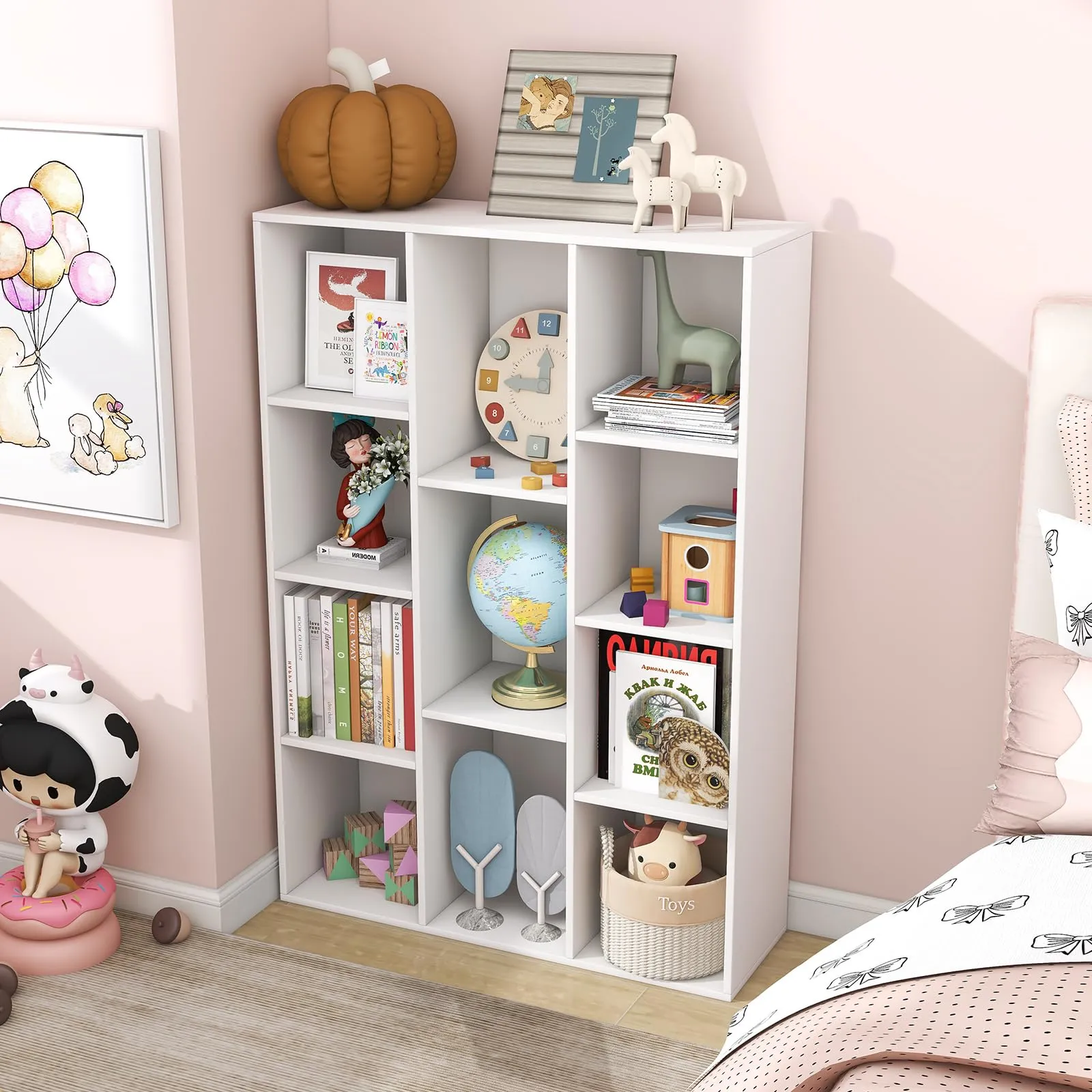 Tangkula 11-Cube Bookcase, Modern Freestanding White Geometric Bookshelf, Multifunctional Book Storage Organizer