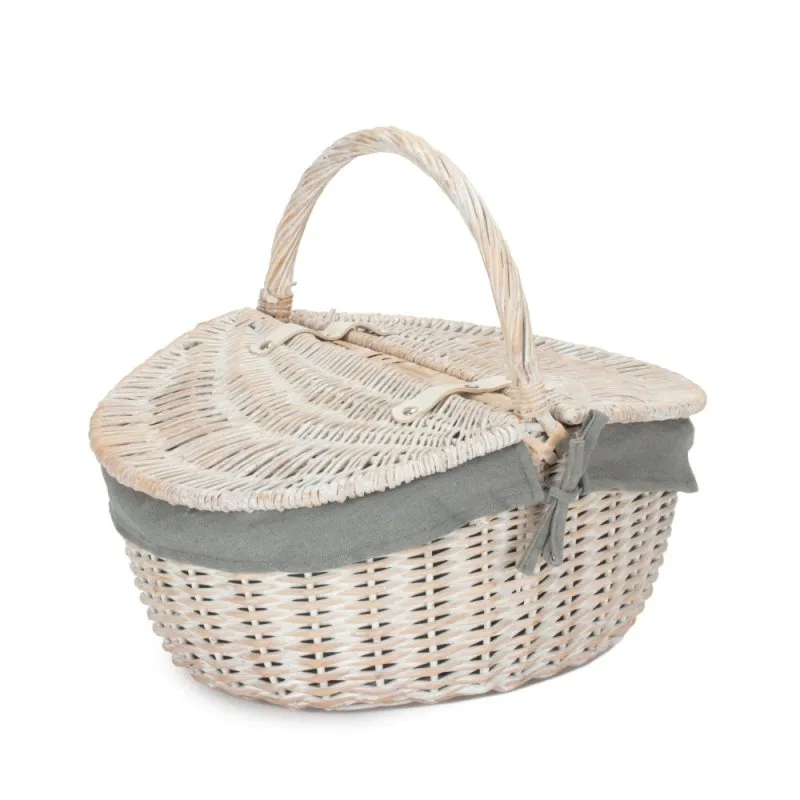 White Wash Finish Oval Wicker Picnic Basket