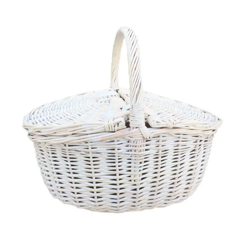 White Wash Finish Oval Wicker Picnic Basket
