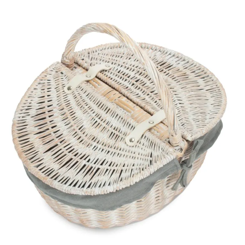 White Wash Finish Oval Wicker Picnic Basket